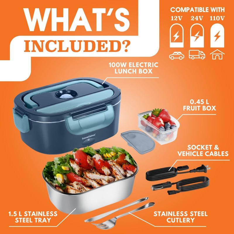100W Electric Lunch Box 1.5L Heated Food Warmer Portable 12V 24V 110V4