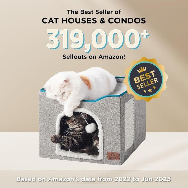 Large Foldable Cat House with Scratch Pad & Hanging Ball, 16.5"x16.5"x13", Grey4