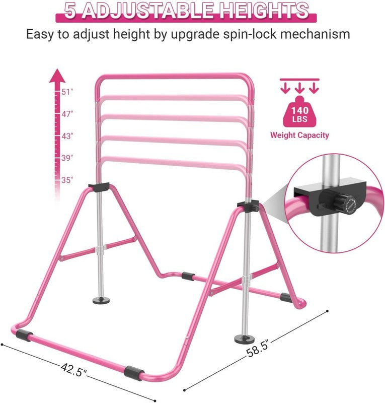 Foldable Kids Gymnastics Bar 5 Height Adjustable Indoor/Outdoor 140lb Limit1
