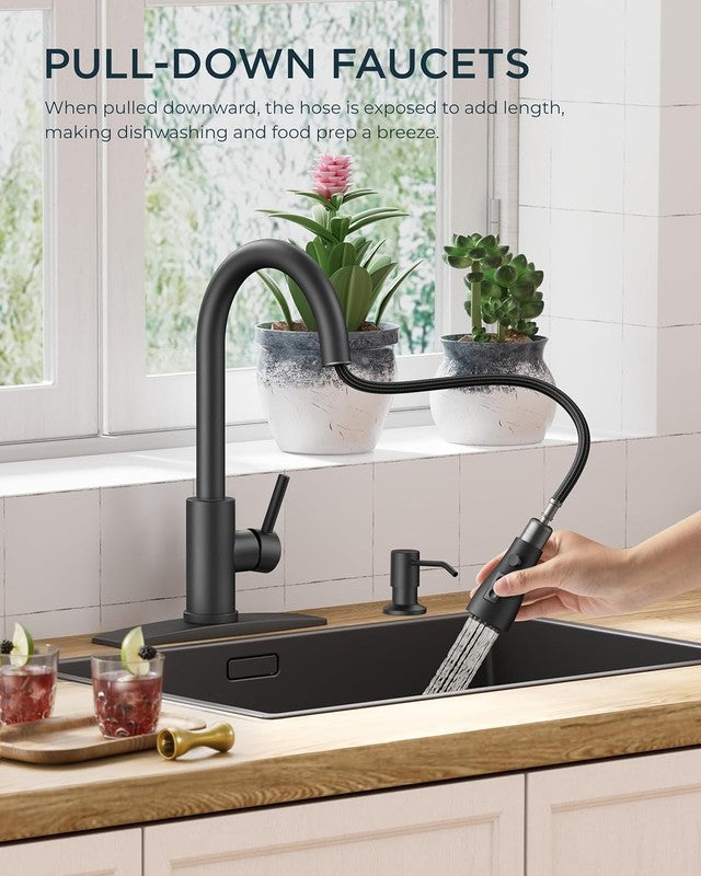 Black Kitchen Faucet Pull Down Sprayer with Soap Dispenser 3 Mode Bar Sink1
