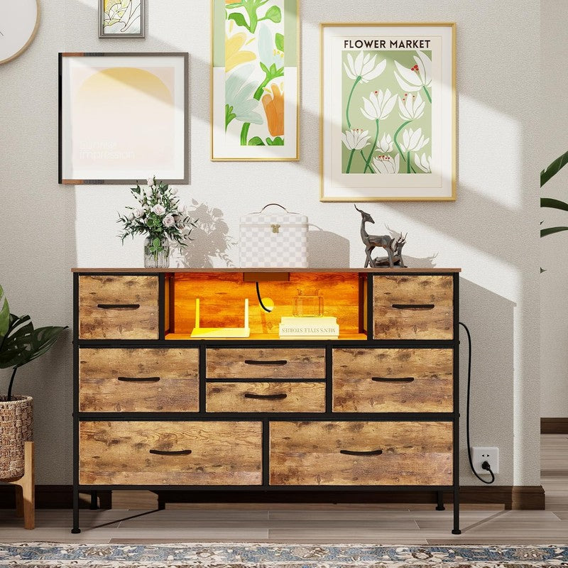 8 Drawer Dresser with Charging Station LED Light Fabric Drawers TV Stand Storage7