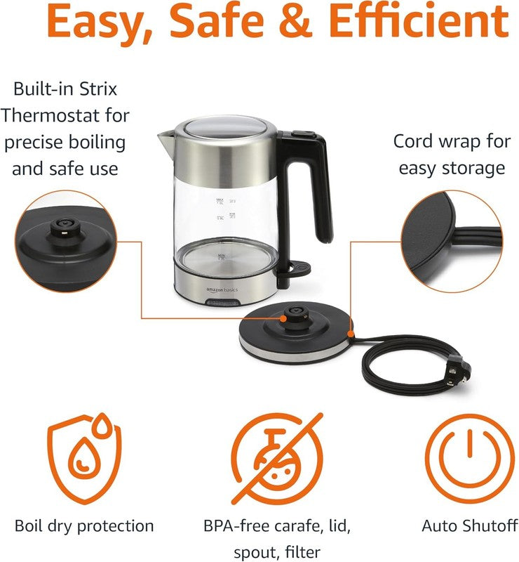 Fast Boiling Electric Kettle with Glass Carafe, BPA Free, 1.8 Quarts2