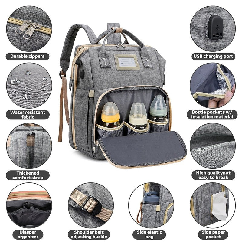 Diaper Bag Backpack w/ Crib, USB, Bottle Pocket, Changing Pad – Gray4