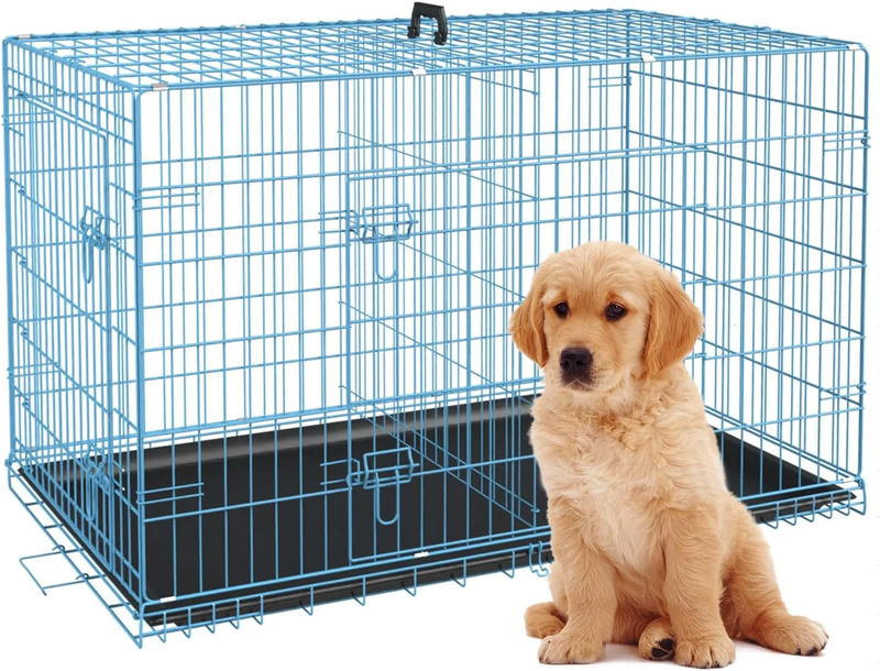 24" Foldable Metal Dog Crate Small Dogs Double Door Divider Blue Tray5