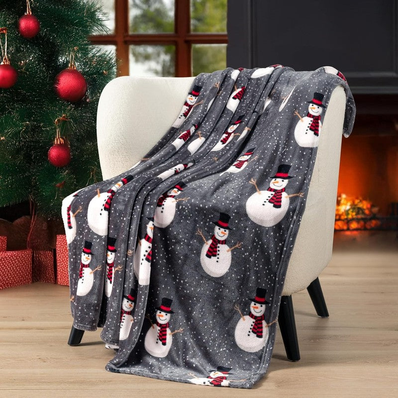 Christmas Throw Blanket Grey Snowman Fleece Soft Warm Plush 50"x60"1