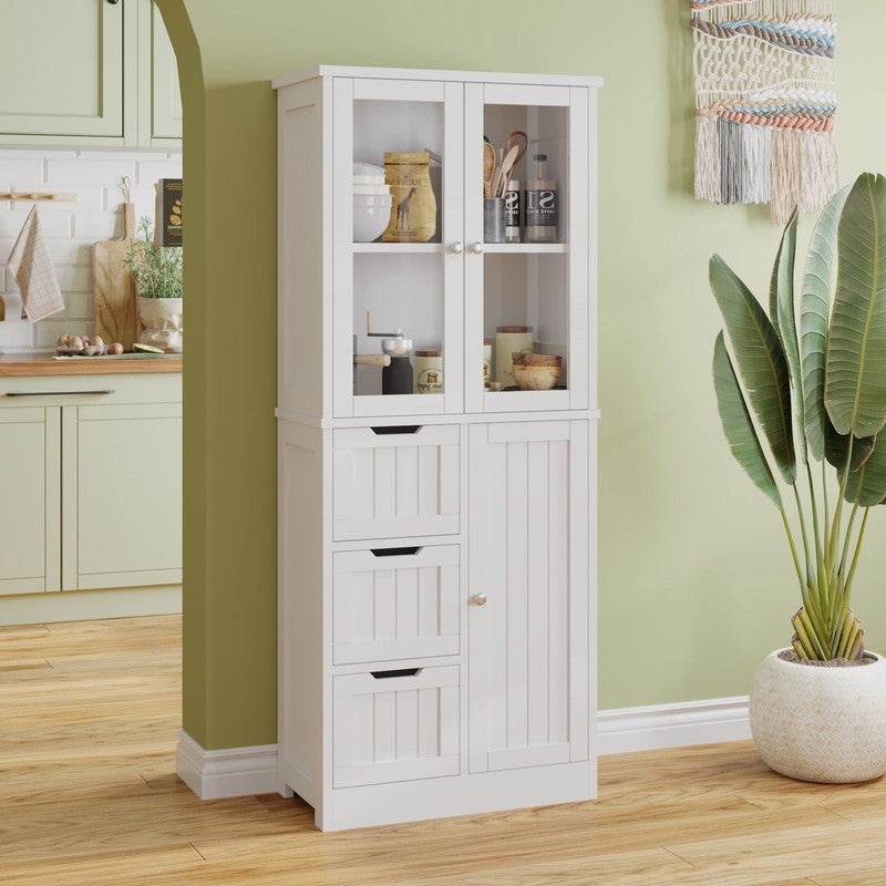 Bathroom Storage Cabinet Wooden W/ 4 Drawers & 3 Doors Glass Doors, MDF Freestan10