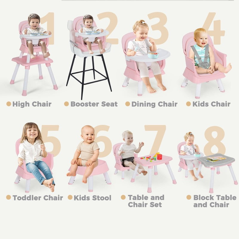 8 in 1 Baby High Chair, Toddler Dining Booster Seat for Eating, Pink White3