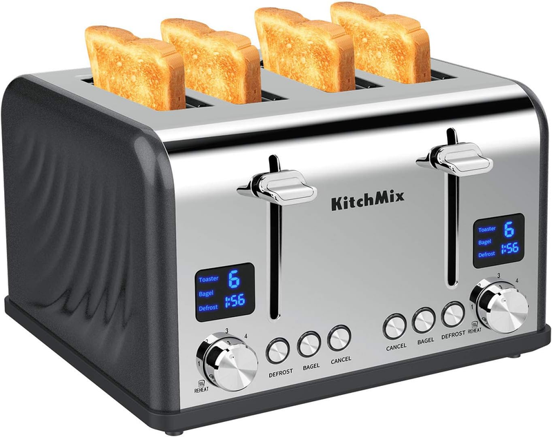 4 Slice Toaster Gray - Stainless Steel, LCD Timer, Wide Slots, Dual Screen0
