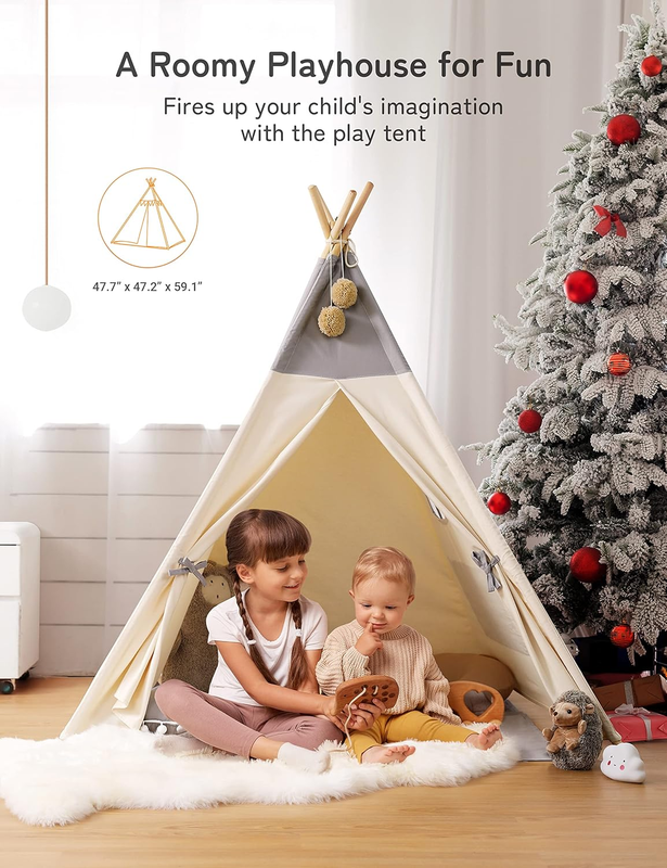 Teepee Tent for Kids with Light & Mat, Toddler Tents Indoor Play Tent Playhouse,3