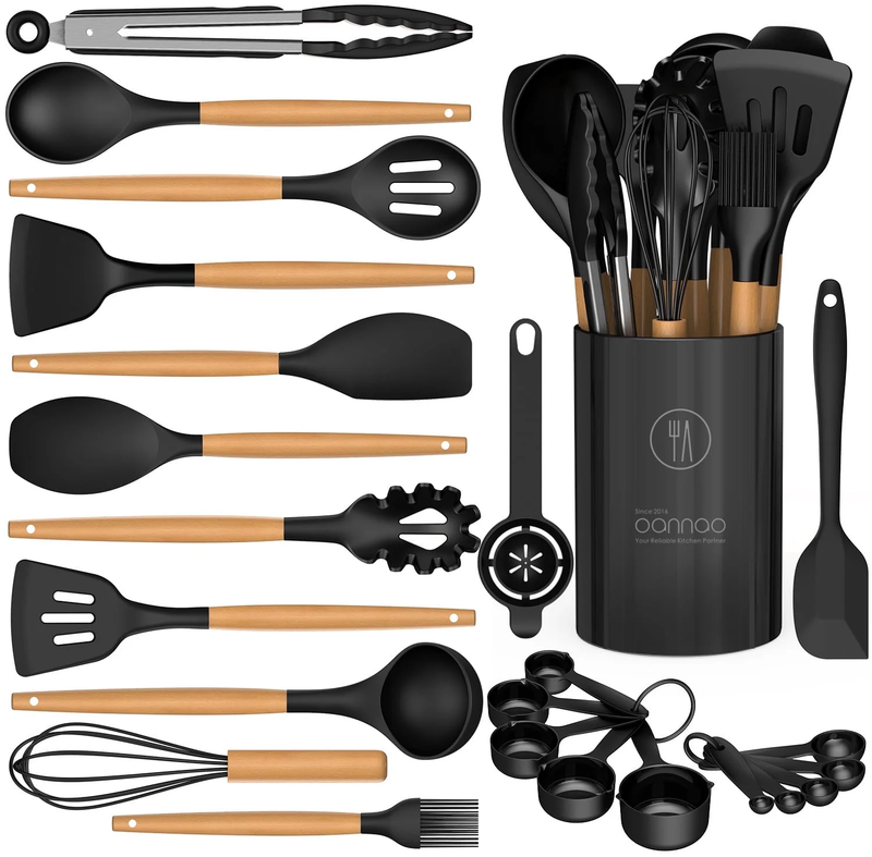 Silicone Kitchen Utensil Set Wooden Handle Holder Heat Resistant Black10
