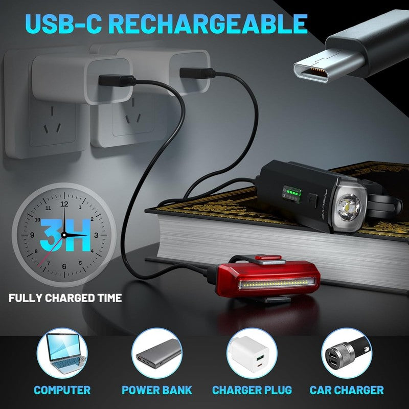 USB Rechargeable Bike Lights Set Front Headlight & Rear Taillight 4+5 Modes5