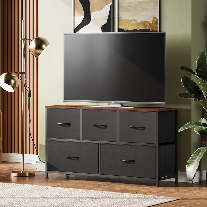 5 Drawer Fabric Dresser Chest Storage Closet Bedroom Black Rustic Brown1