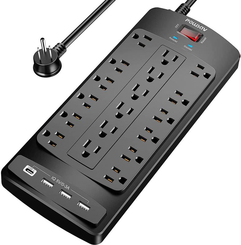 18 Outlets Surge Protector Power Strip - 6 Feet Flat Plug Heavy Duty Extension C8