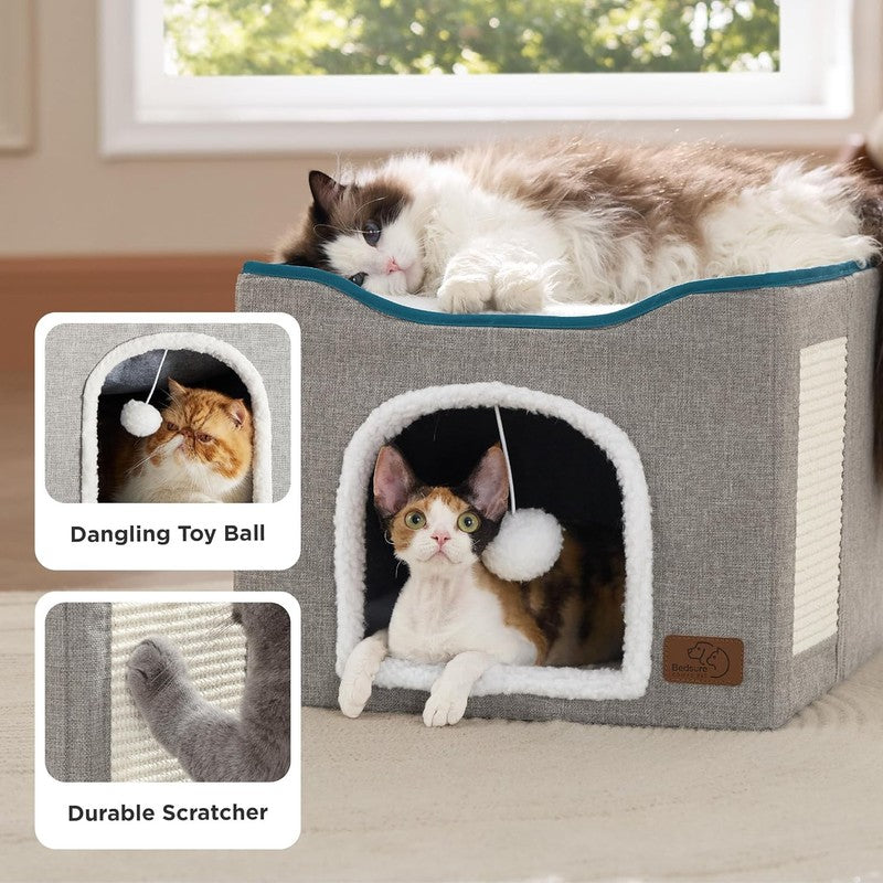 Large Foldable Cat House with Scratch Pad & Hanging Ball, 16.5"x16.5"x13", Grey3