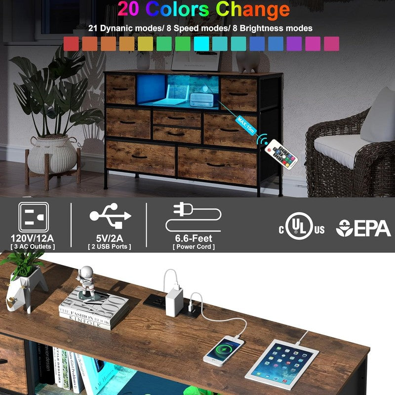 8 Drawer Dresser with Charging Station LED Light Fabric Drawers TV Stand Storage5