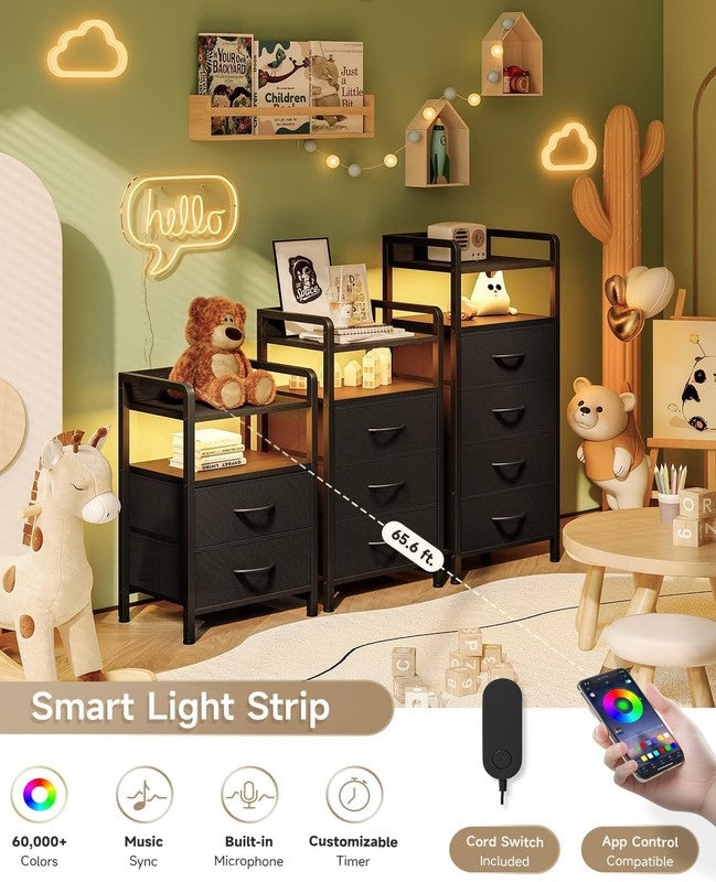 Nightstand w/ Charging Station LED Light 2 Fabric Drawers USB & AC Outlets3