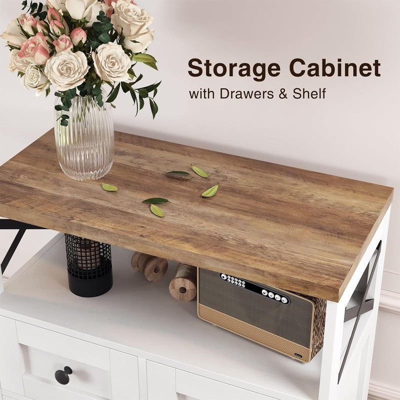 Farmhouse White Storage Cabinet with Doors and Drawers, Freestanding Kitchen Pan5