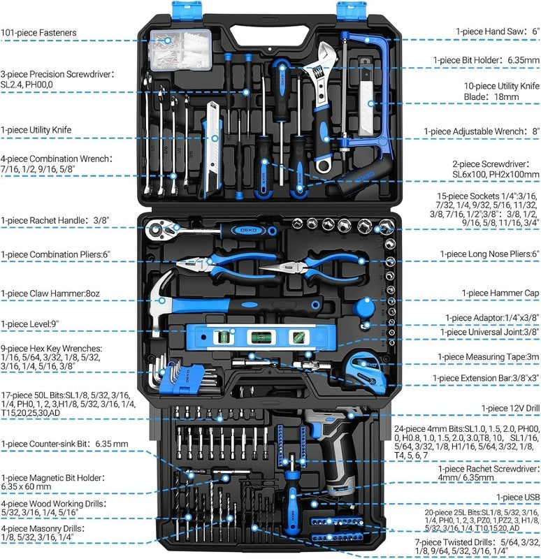 12V Cordless Drill Tool Kit Hand Toolbox Mechanic Set Home Repair Blue2
