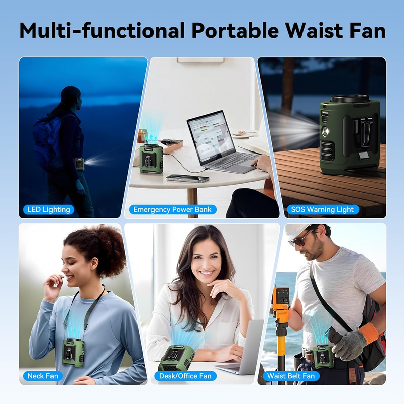 Portable Belt Fan 12000mAh Rechargeable Neck Fan 30H Runtime Green5