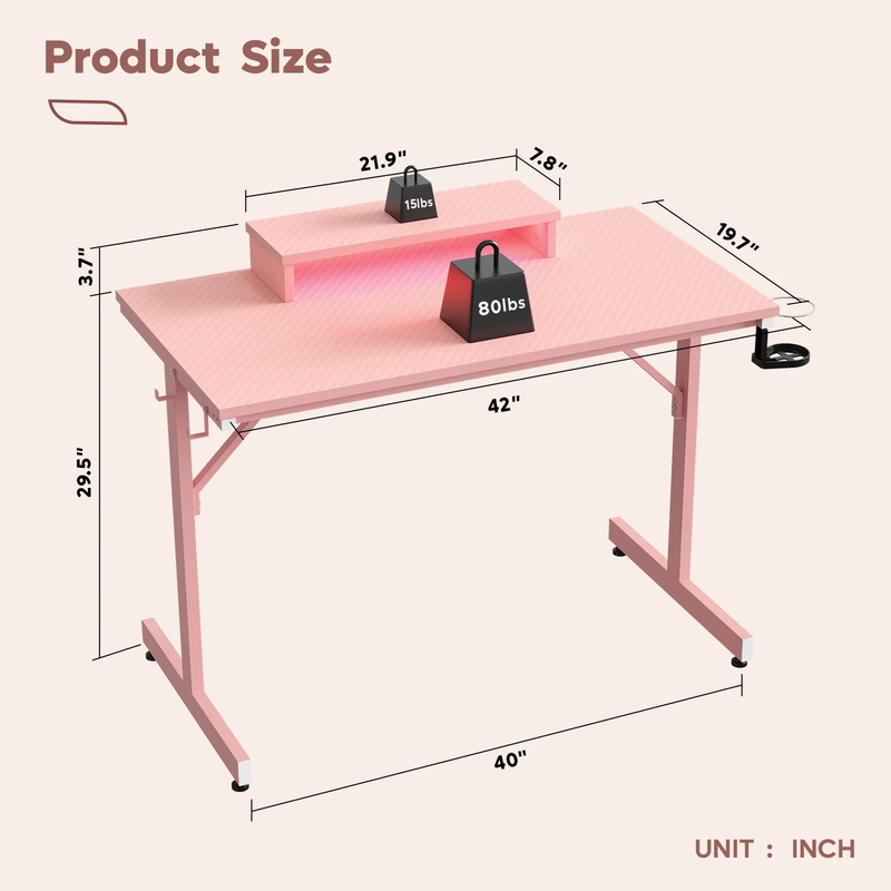 42" LED Gaming Desk PC Computer Table w/ Monitor Stand Pink1