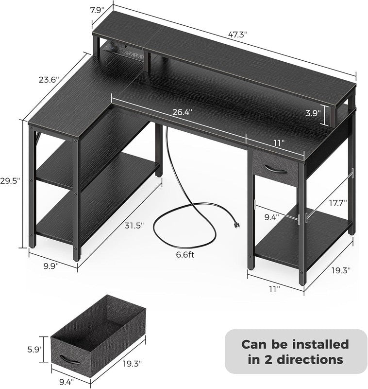 47'' L Shaped Gaming Desk LED Lights Power Outlets Reversible Black2