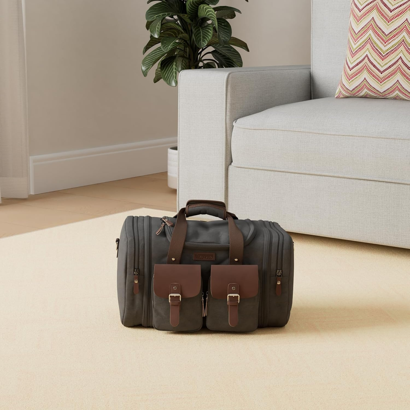 50L Canvas Leather Duffel Bag Expandable Overnight Weekender Travel Bag1
