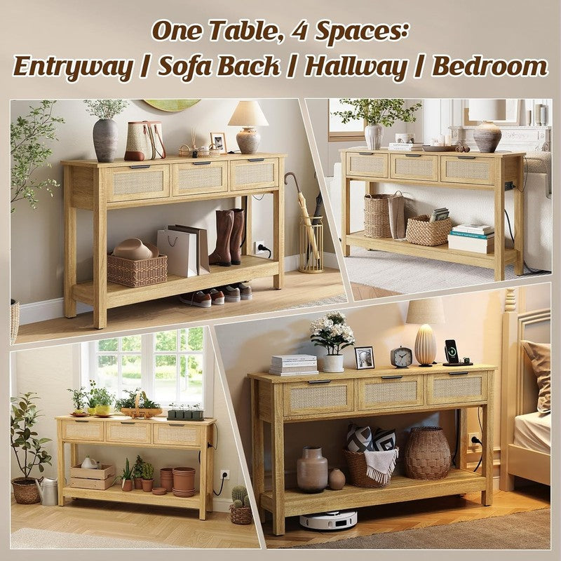 47'' Entryway Console Table Natural with USB-C & Outlets 3 Rattan Drawers8