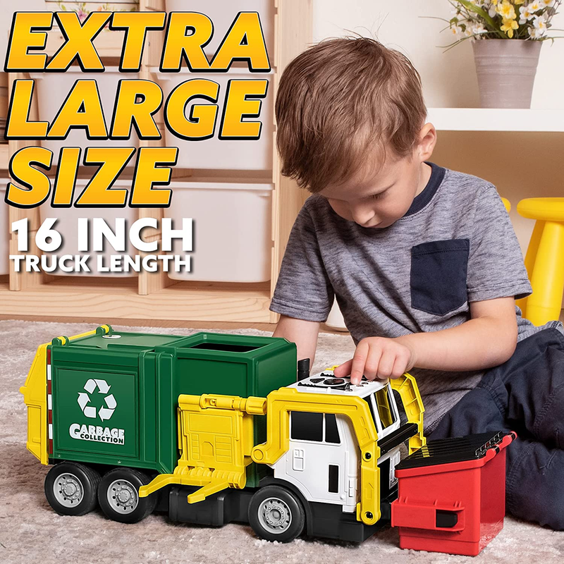 Large Friction Powered Garbage Truck Toy Set, Includes Dumpster, Trash Bins, and1