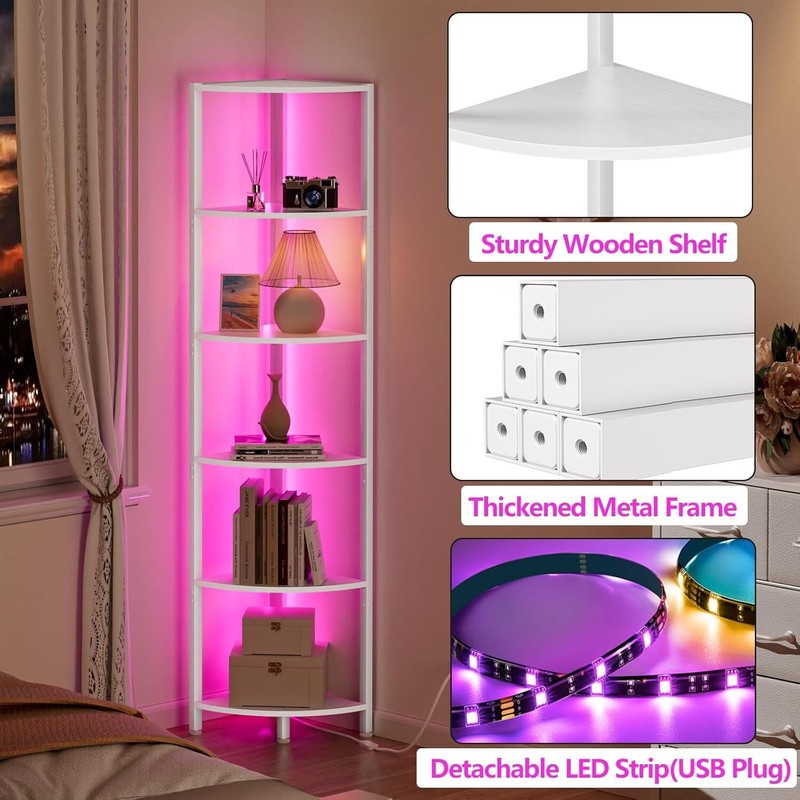 6 Tier Corner Shelf with LED Light, 67.5” Tall Standing Shelf Organizer Shelf7