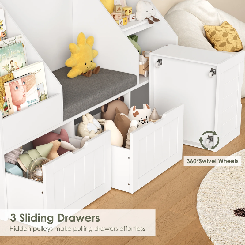 Kids Bookshelf with Reading Nook & 3 Movable Drawers, 2 Cube Bookcase with 4 Tie9