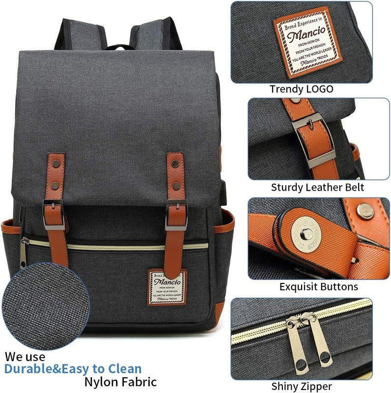 Vintage Laptop Backpack USB Charging Slim 15.6" Travel College Black4