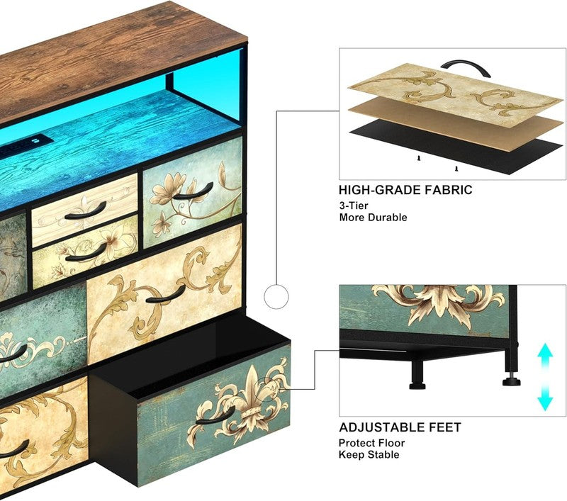 TV Stand Dresser with Power Outlet LED Light 8 Fabric Drawers Storage Chest6