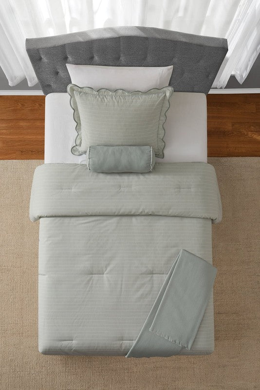 4Pc Scallop Pick Stitch Comforter Set Twin Twin XL Sage1