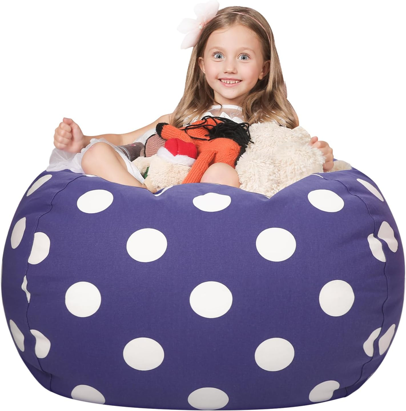 Kids Stuffed Animal Storage Bean Bag Cover XL Cotton Canvas Navy Dot10