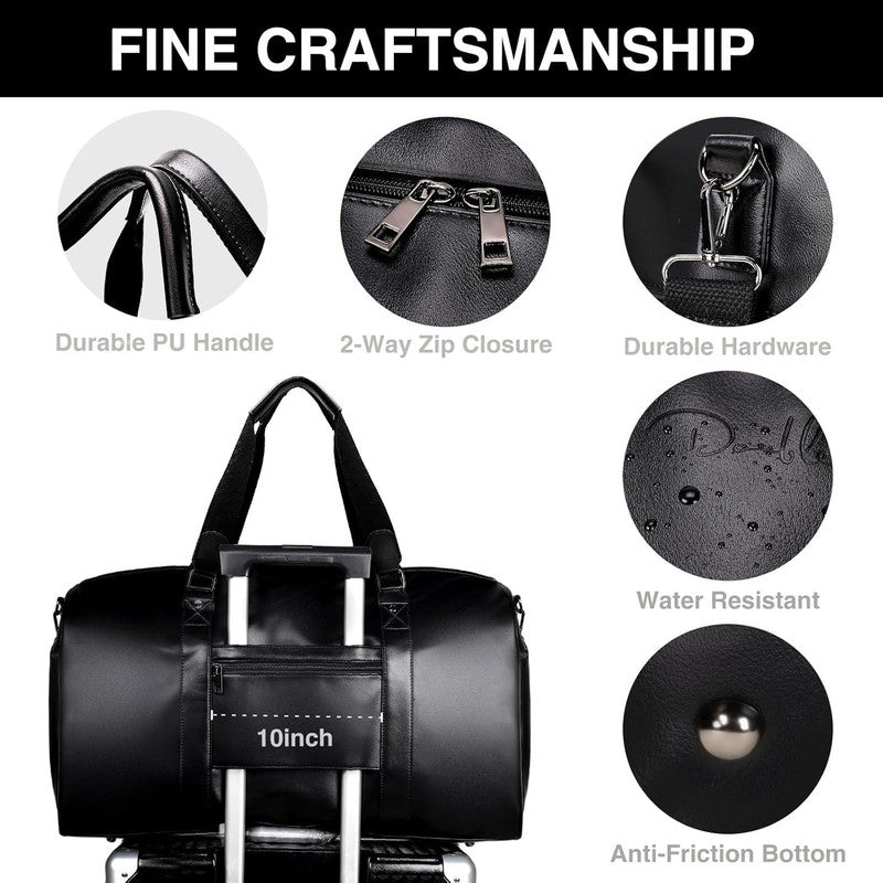 3 in 1 Leather Duffle Bag w/ Shoe & Toiletry Compartment Weekender Black4