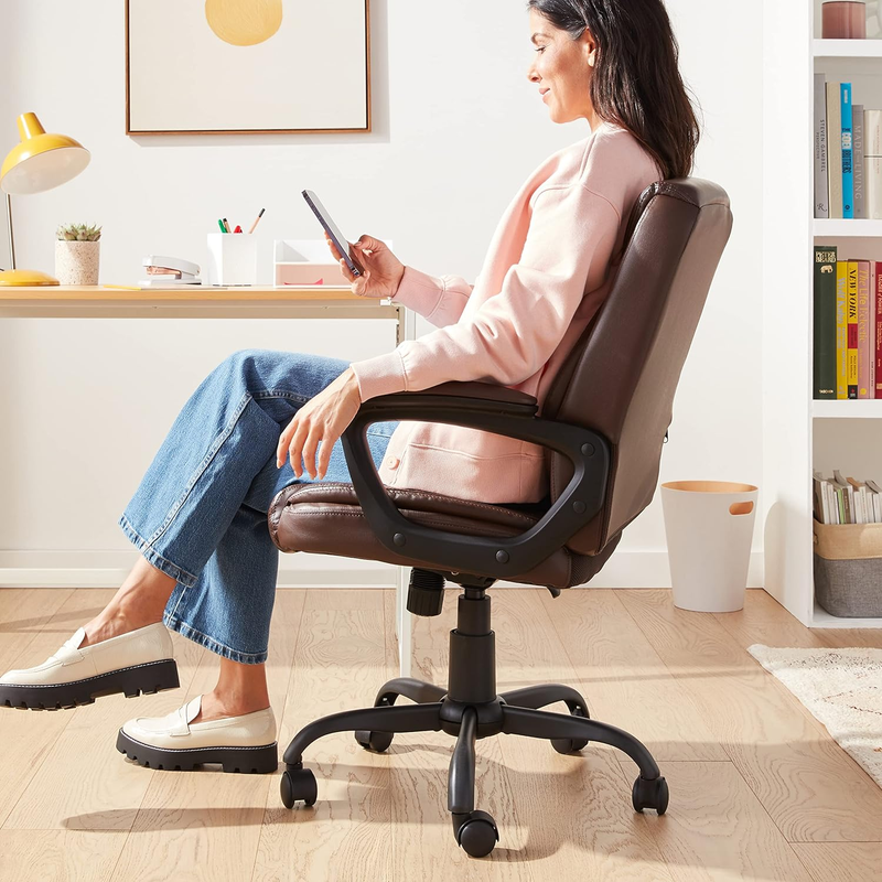 Brown PU Padded Mid-Back Office Chair Adjustable Height Armrests Wheels6