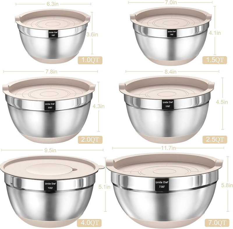 26PC Stainless Steel Mixing Bowls Set Airtight Lids Grater Khaki1