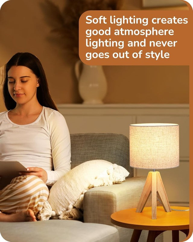 Small Table Lamp Boho Bedside Wood Tripod Linen Shade Nightstand 14.2in3