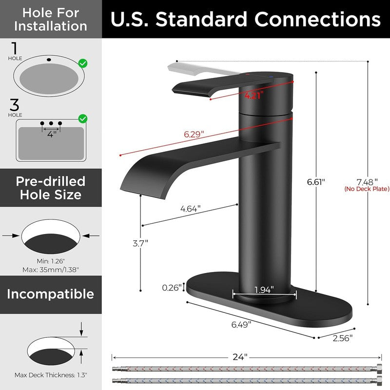 Black Bathroom Faucet 1 Hole, Single Handle Matte Black Waterfall Bathroom Fauce4
