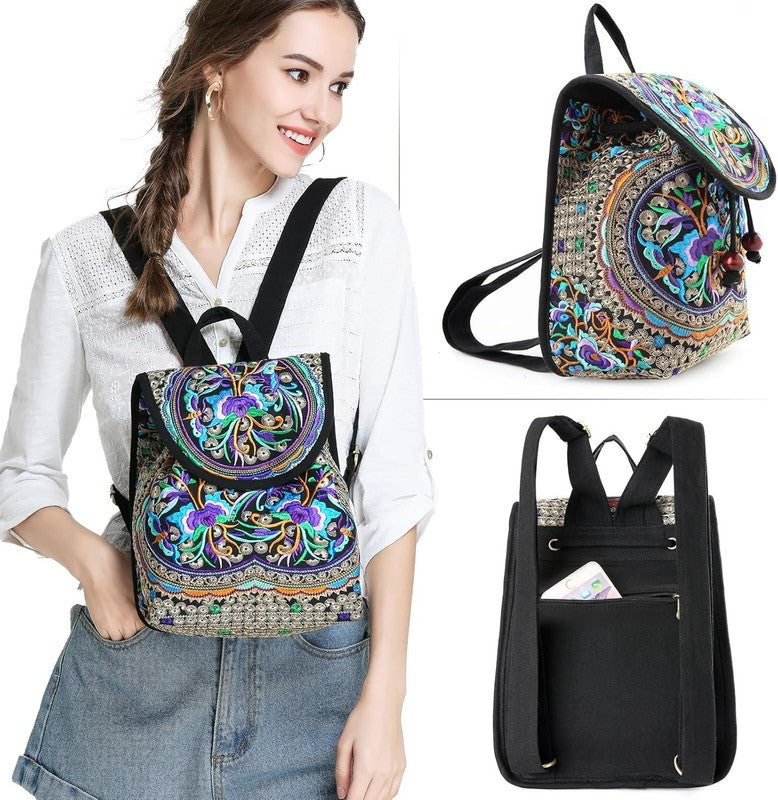 Women Embroidered Backpack Boho Floral Mini Travel Shoulder Bag Purple5