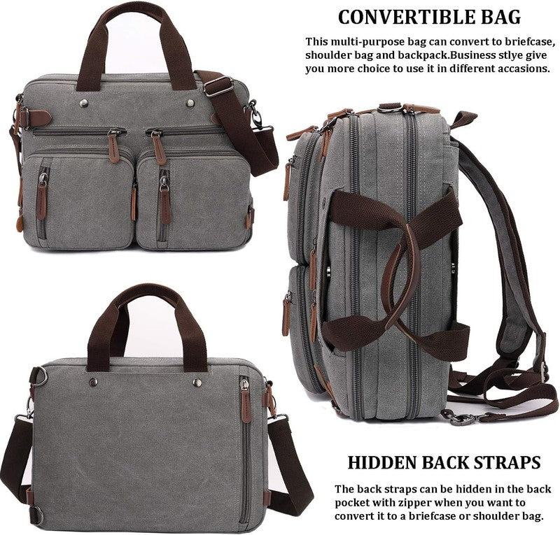 3 in 1 Canvas Laptop Bag 17.3 Inch Convertible Briefcase Multi Pocket Grey3