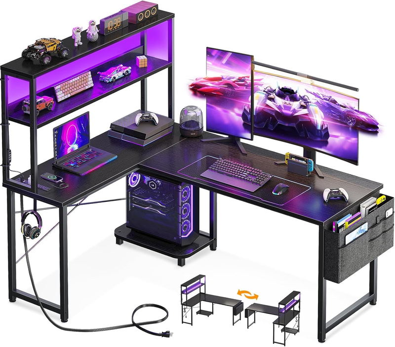 L Shaped Gaming Desk 53in LED Power Outlet Reversible Computer Desk Black11