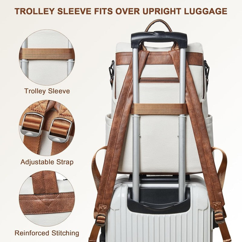 Women Laptop Backpack 15.6" Leather Travel Work Water Resistant Beige Brown3