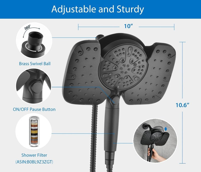 10" Rainfall Shower Head Combo w/ Handheld 9 Spray Settings Filter Black 2.5GPM4