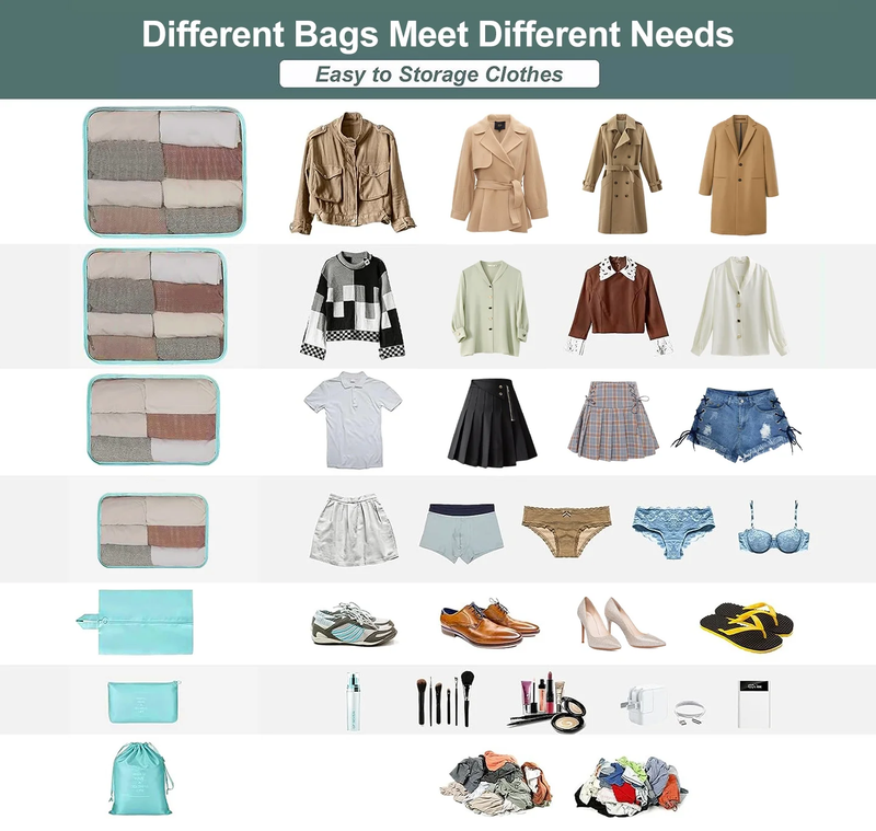 Packing Cubes Set 9 Piece Travel Organizer Clothes Shoes Blue4