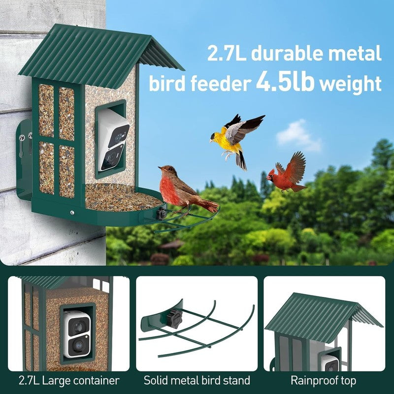 BF08 AI Identify Species Metal Bird Feeder Camera with 5W Solar Panel, Green1