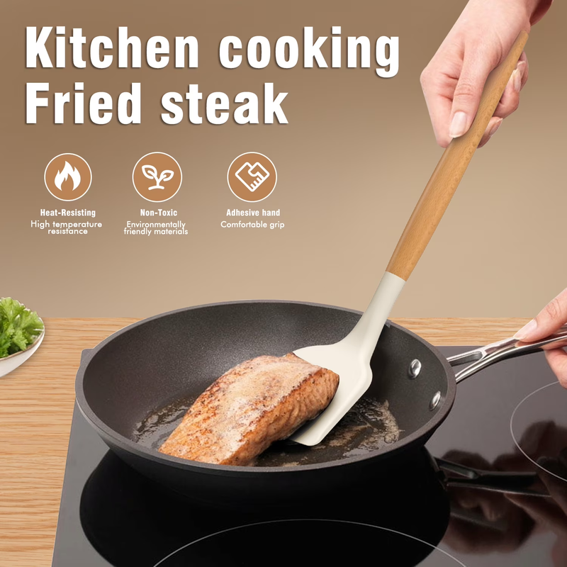 Silicone Kitchen Utensil Set Wooden Handle Holder Heat Resistant Cream White6