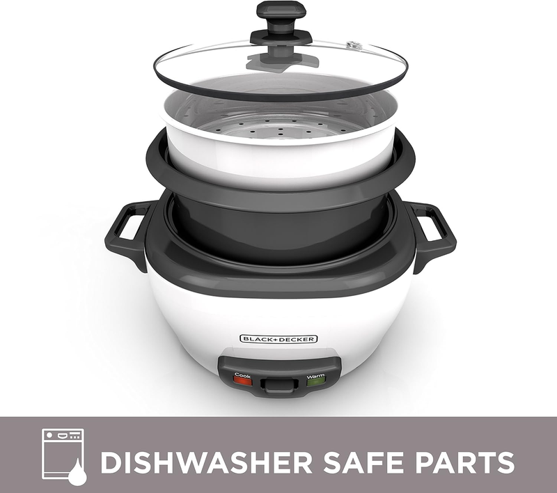 Rice Cooker 6-Cup (Cooked) with Steaming Basket, Removable Non-Stick Bowl, White5