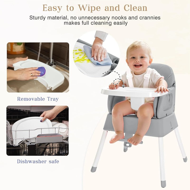 5 in 1 Foldable Baby High Chair Toddler Booster Seat w/ Tray & Harness Grey4