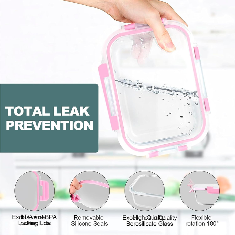 10 Pack Airtight Glass Meal Prep Containers Stackable Lids Pink2